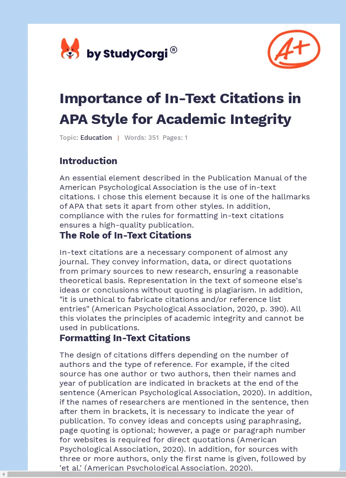 Importance of In-Text Citations in APA Style for Academic Integrity. Page 1
