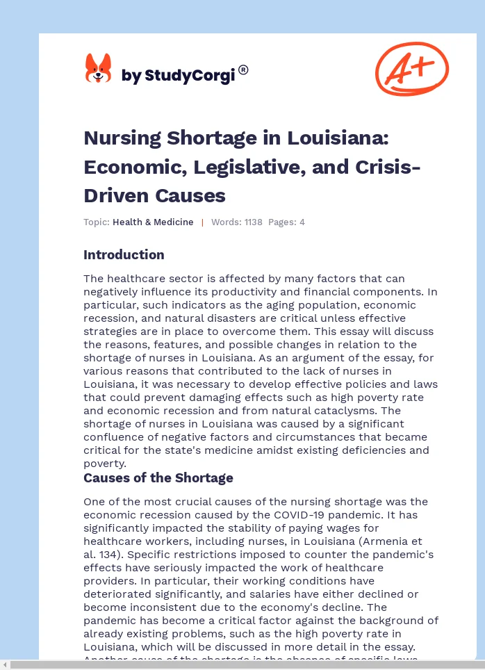 Nursing Shortage in Louisiana: Economic, Legislative, and Crisis-Driven Causes. Page 1