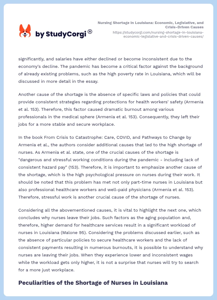 Nursing Shortage in Louisiana: Economic, Legislative, and Crisis-Driven Causes. Page 2