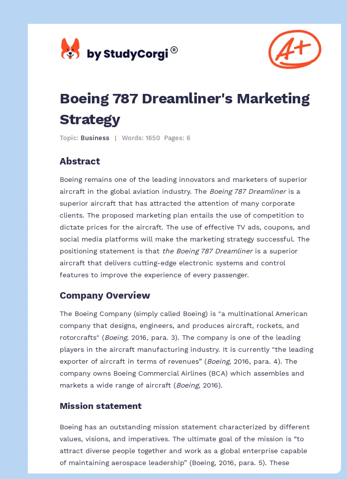Boeing 787 Dreamliner's Marketing Strategy. Page 1