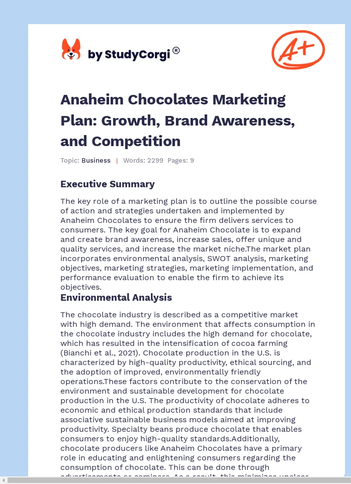 Anaheim Chocolates Marketing Plan: Growth, Brand Awareness, and Competition. Page 1