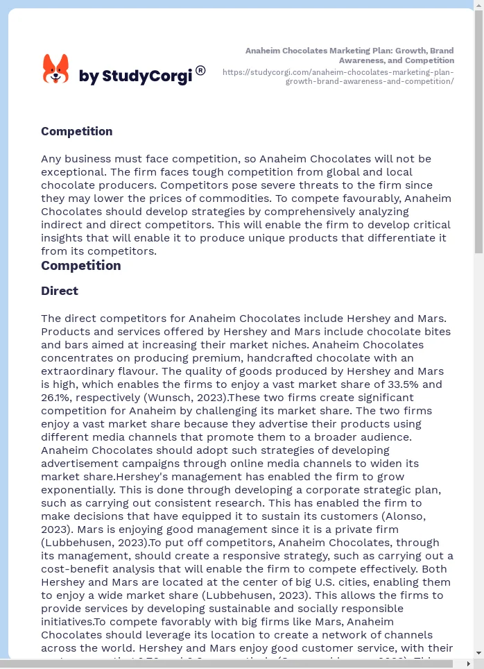 Anaheim Chocolates Marketing Plan: Growth, Brand Awareness, and Competition. Page 2