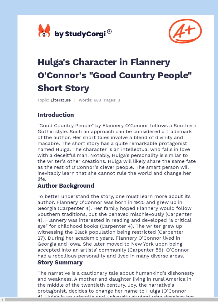 Hulga's Character in Flannery O'Connor's "Good Country People" Short Story. Page 1