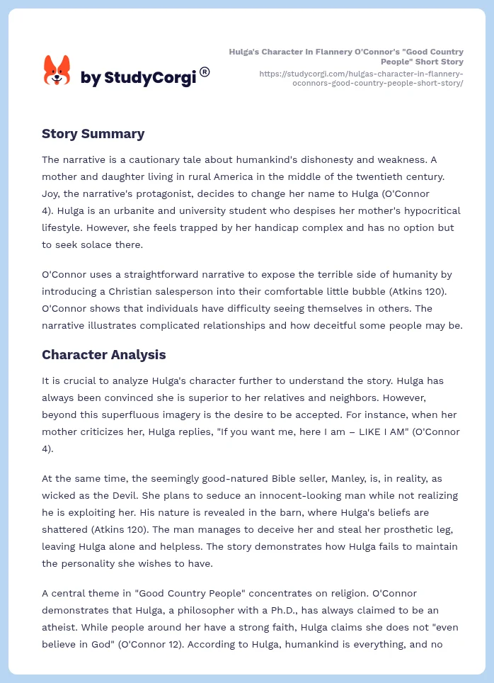 Hulga's Character in Flannery O'Connor's "Good Country People" Short Story. Page 2
