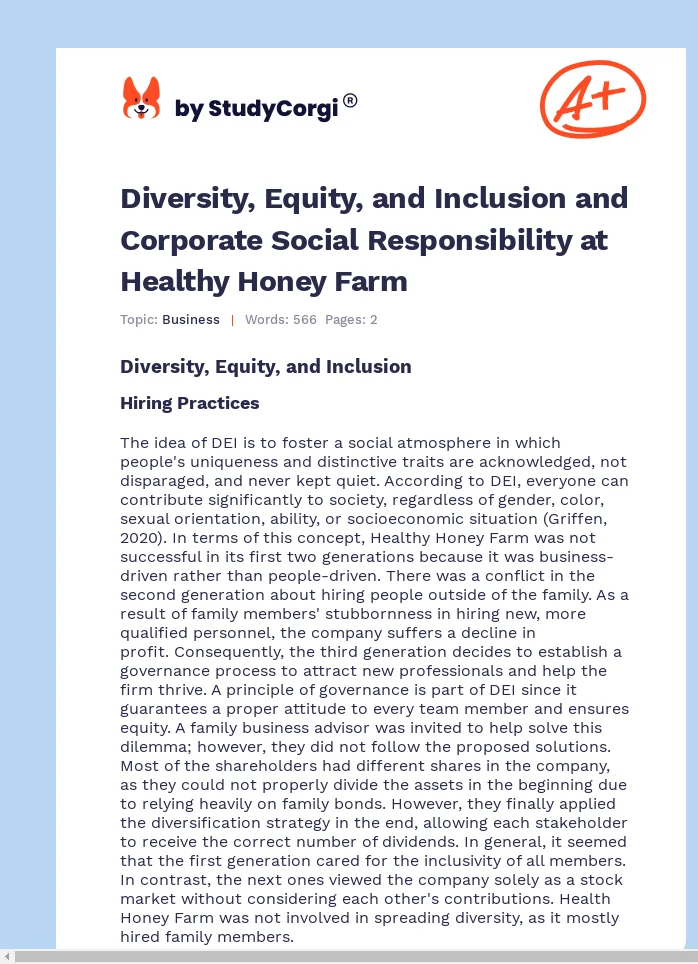 Diversity, Equity, and Inclusion and Corporate Social Responsibility at Healthy Honey Farm. Page 1