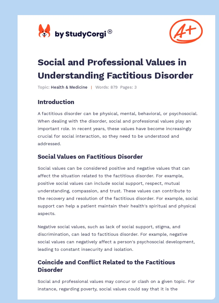 Social and Professional Values in Understanding Factitious Disorder. Page 1