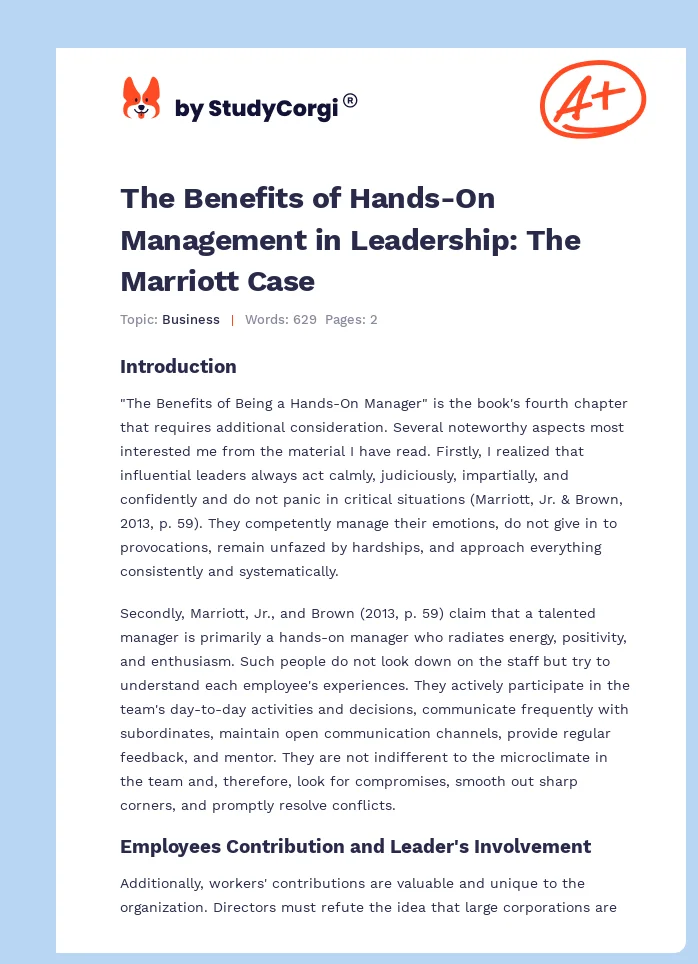 The Benefits of Hands-On Management in Leadership: The Marriott Case. Page 1
