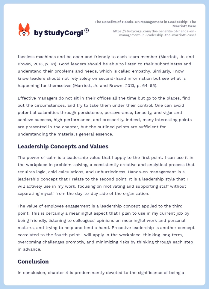 The Benefits of Hands-On Management in Leadership: The Marriott Case. Page 2