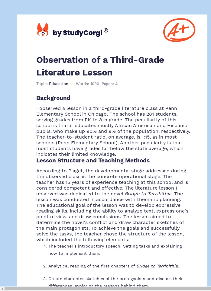Observation of a Third-Grade Literature Lesson. Page 1
