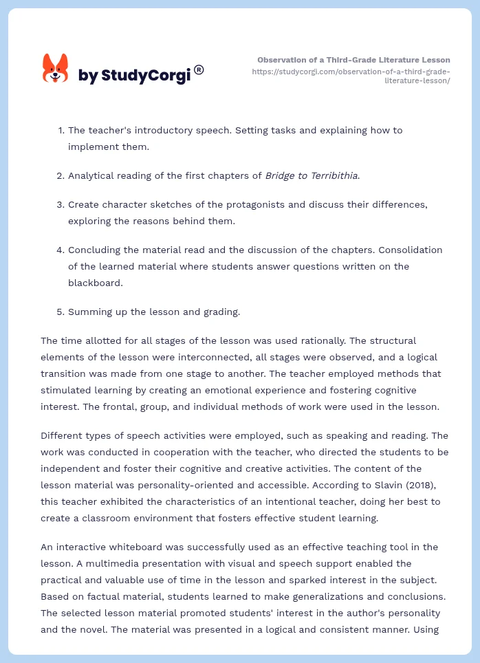 Observation of a Third-Grade Literature Lesson. Page 2