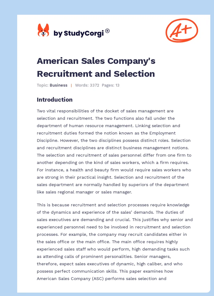 American Sales Company's Recruitment and Selection. Page 1