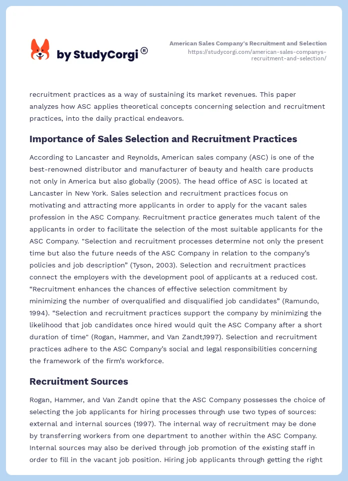American Sales Company's Recruitment and Selection. Page 2