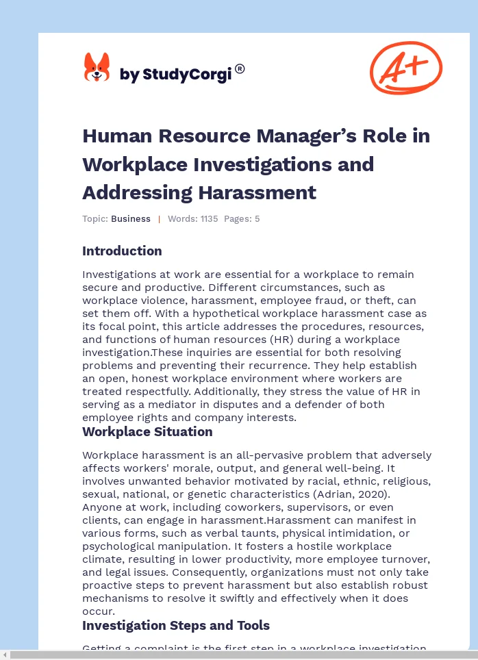 Human Resource Manager’s Role in Workplace Investigations and Addressing Harassment. Page 1