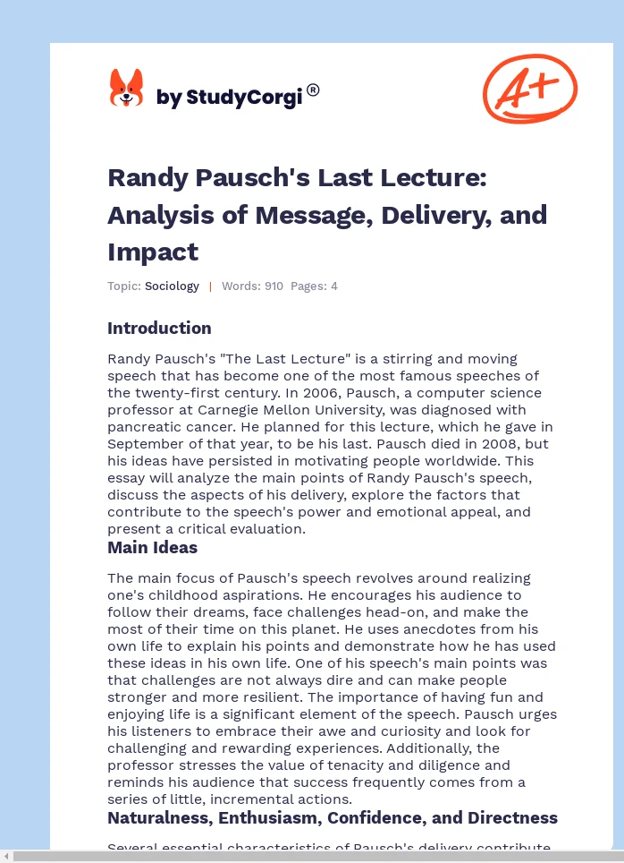 Randy Pausch's Last Lecture: Analysis of Message, Delivery, and Impact. Page 1