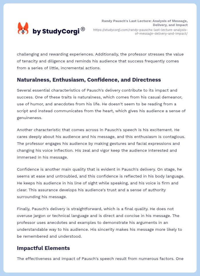 Randy Pausch's Last Lecture: Analysis of Message, Delivery, and Impact. Page 2