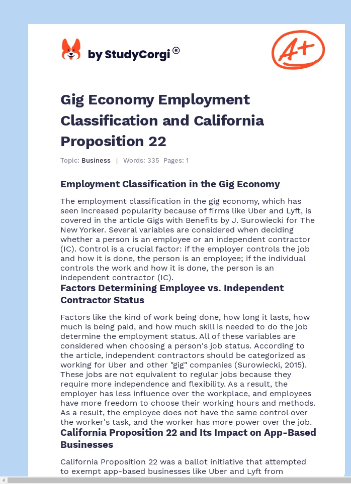 Gig Economy Employment Classification and California Proposition 22. Page 1