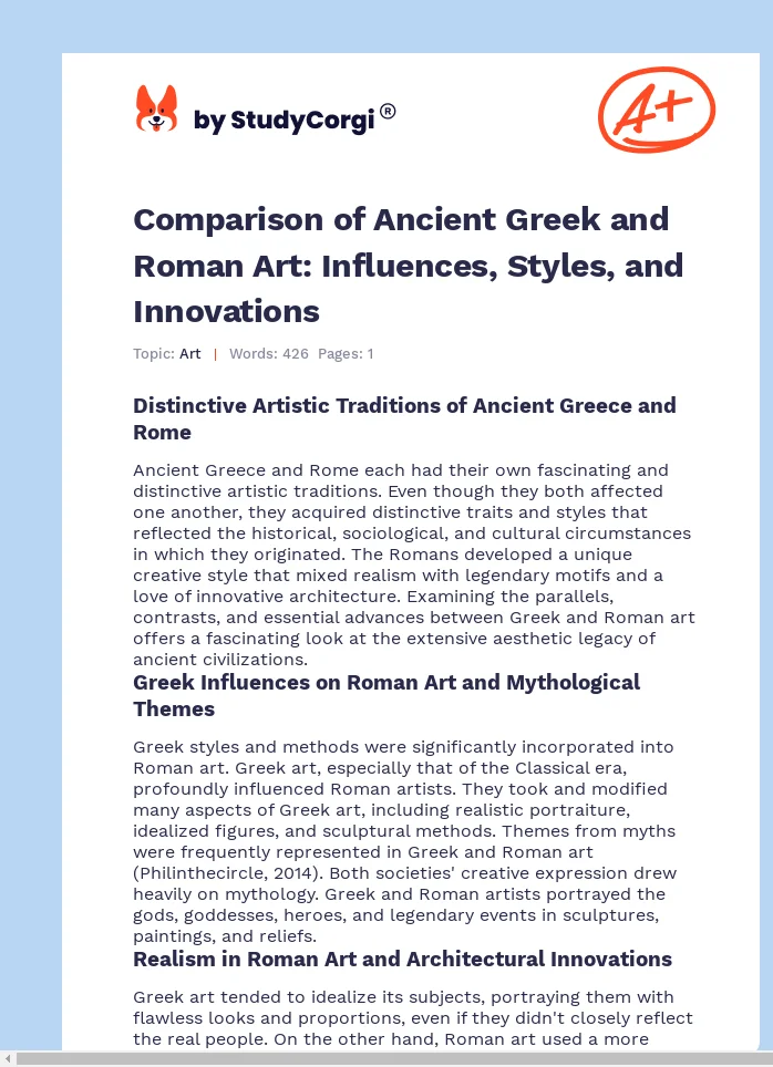 Comparison of Ancient Greek and Roman Art: Influences, Styles, and Innovations. Page 1
