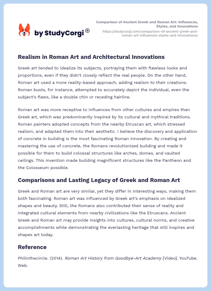 Comparison of Ancient Greek and Roman Art: Influences, Styles, and Innovations. Page 2