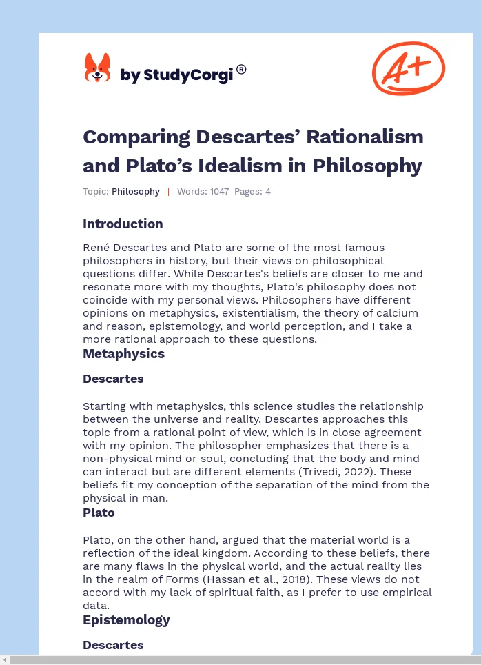 Comparing Descartes’ Rationalism and Plato’s Idealism in Philosophy. Page 1