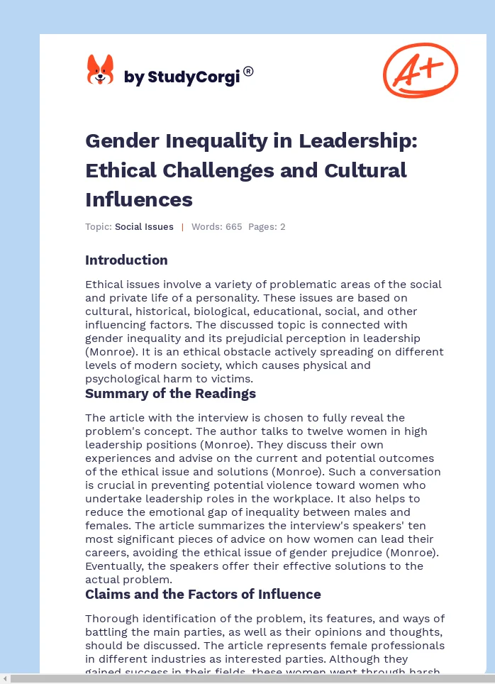 Gender Inequality in Leadership: Ethical Challenges and Cultural Influences. Page 1