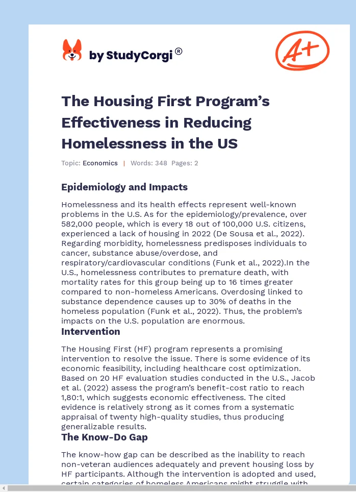 The Housing First Program’s Effectiveness in Reducing Homelessness in the US. Page 1