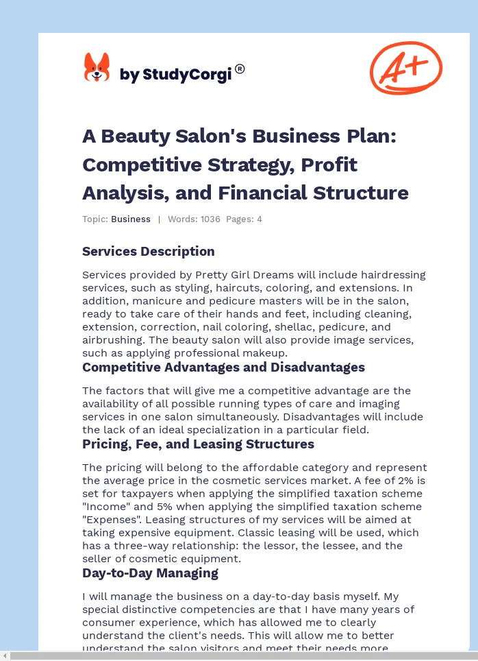 A Beauty Salon's Business Plan: Competitive Strategy, Profit Analysis, and Financial Structure. Page 1