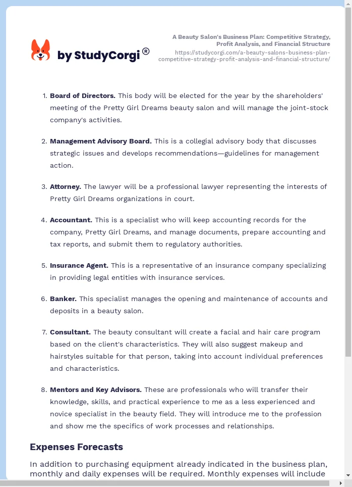 A Beauty Salon's Business Plan: Competitive Strategy, Profit Analysis, and Financial Structure. Page 2