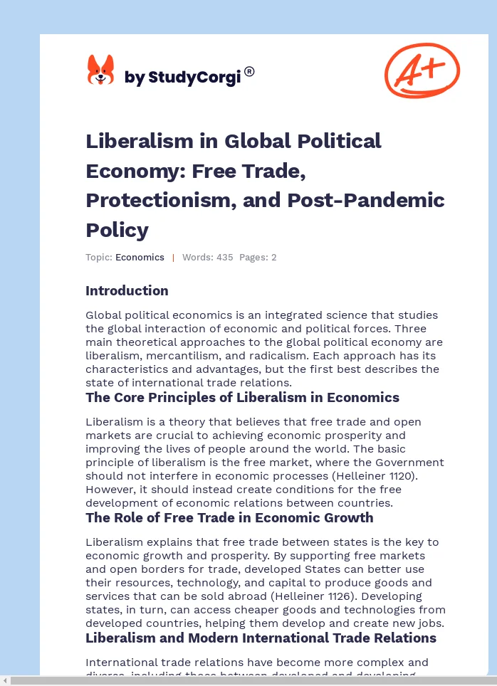 Liberalism in Global Political Economy: Free Trade, Protectionism, and Post-Pandemic Policy. Page 1