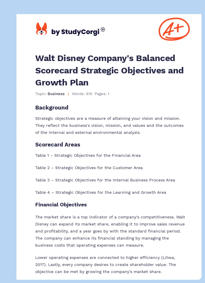 Walt Disney Company's Balanced Scorecard Strategic Objectives and Growth Plan. Page 1