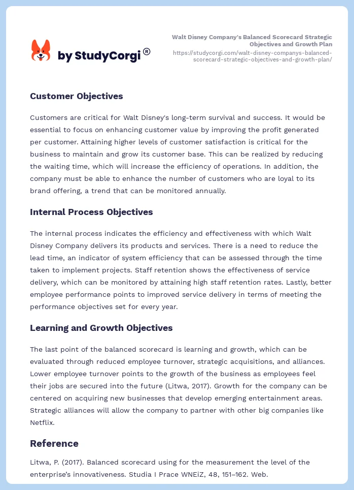 Walt Disney Company's Balanced Scorecard Strategic Objectives and Growth Plan. Page 2