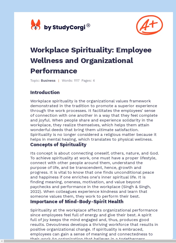 Workplace Spirituality: Employee Wellness and Organizational Performance. Page 1
