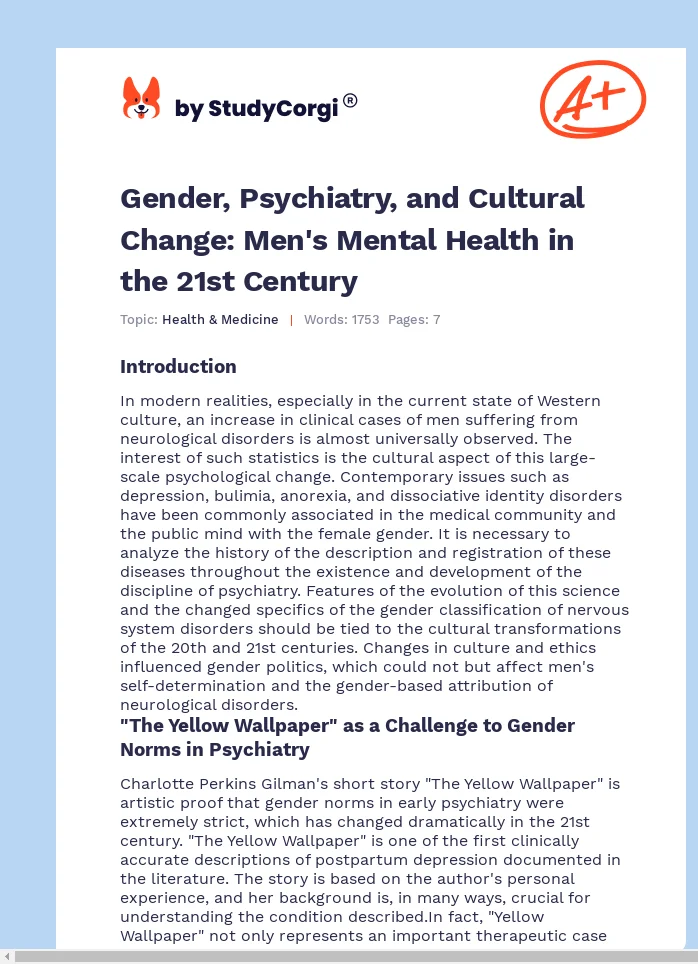 Gender, Psychiatry, and Cultural Change: Men's Mental Health in the 21st Century. Page 1