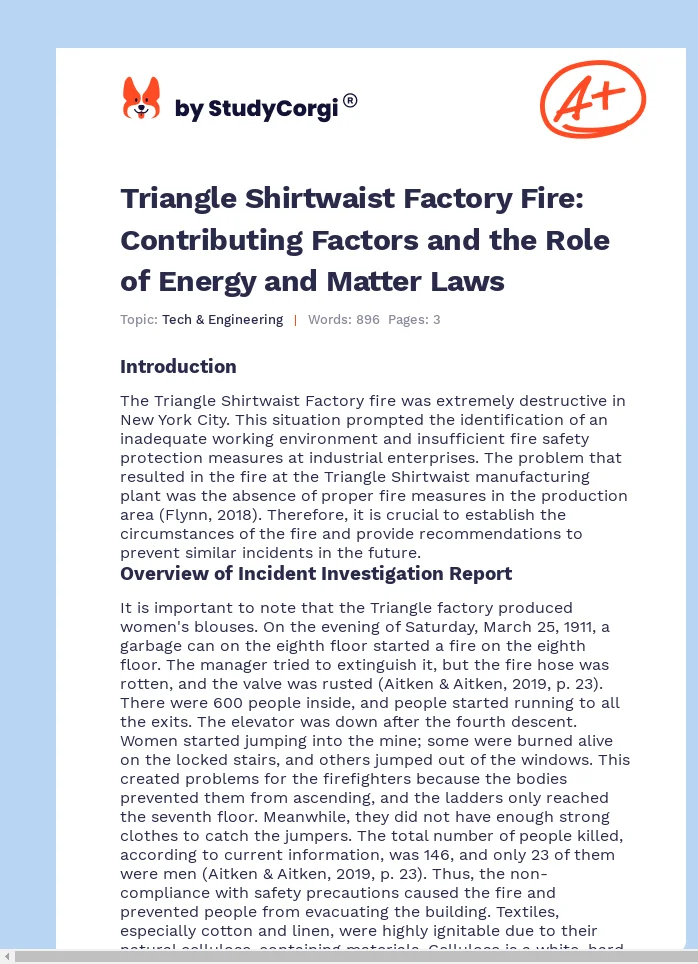 Triangle Shirtwaist Factory Fire: Contributing Factors and the Role of Energy and Matter Laws. Page 1