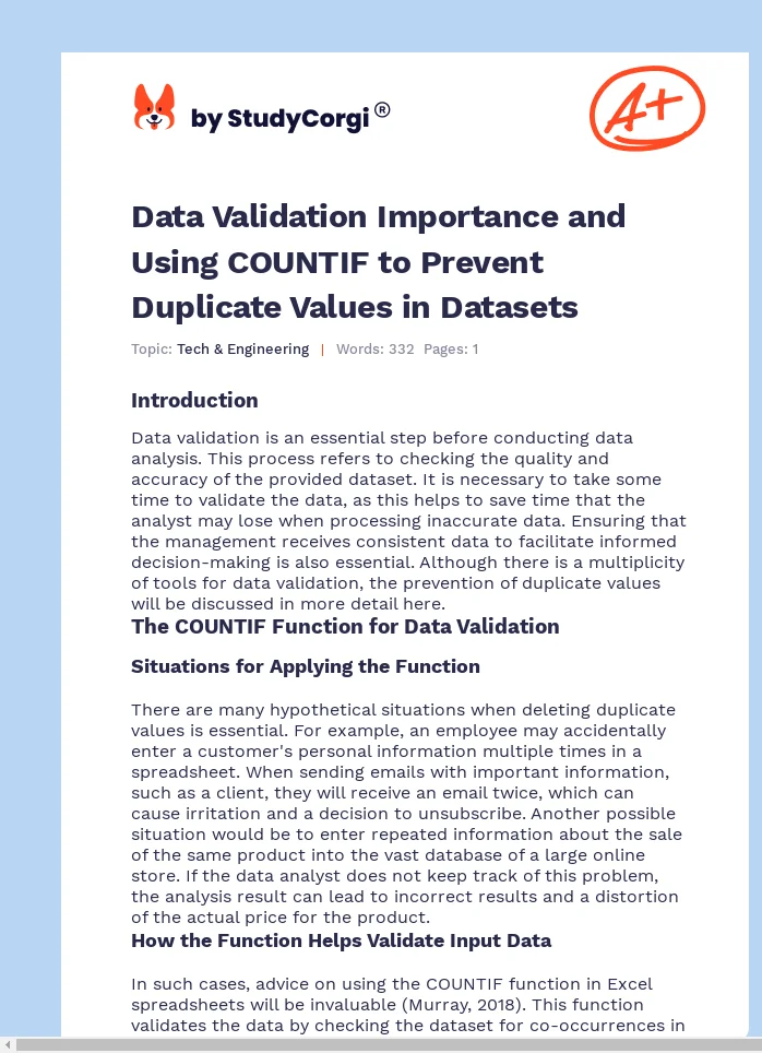Data Validation Importance and Using COUNTIF to Prevent Duplicate Values in Datasets. Page 1