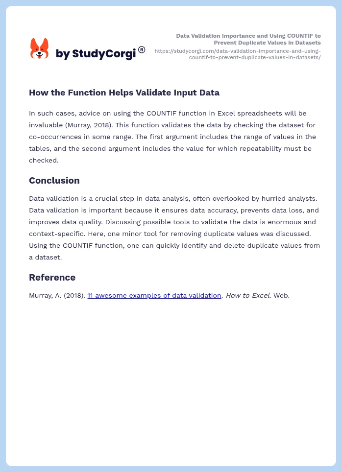 Data Validation Importance and Using COUNTIF to Prevent Duplicate Values in Datasets. Page 2