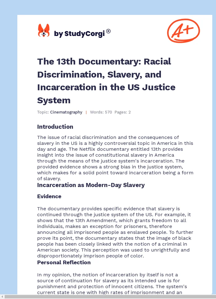 The 13th Documentary: Racial Discrimination, Slavery, and Incarceration in the US Justice System. Page 1