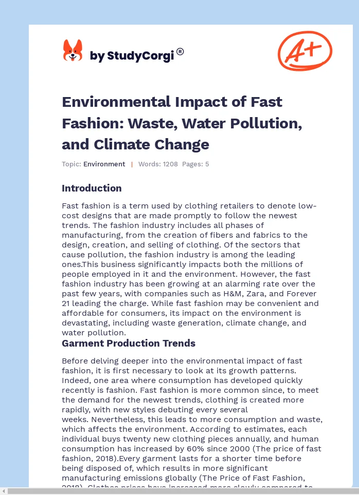 Environmental Impact of Fast Fashion: Waste, Water Pollution, and Climate Change. Page 1