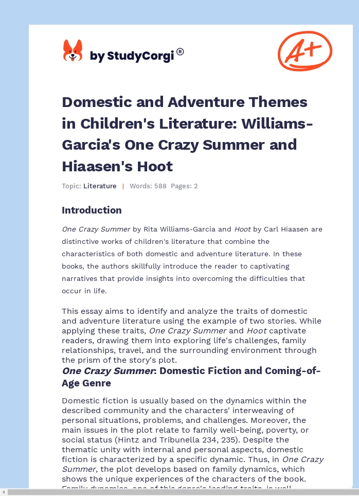 Domestic and Adventure Themes in Children's Literature: Williams-Garcia's One Crazy Summer and Hiaasen's Hoot. Page 1
