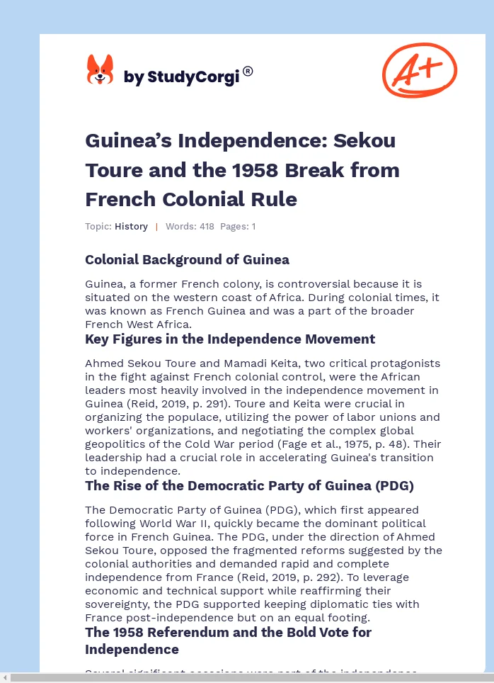 Guinea’s Independence: Sekou Toure and the 1958 Break from French Colonial Rule. Page 1