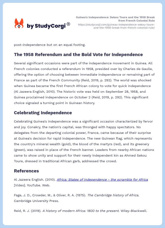 Guinea’s Independence: Sekou Toure and the 1958 Break from French Colonial Rule. Page 2