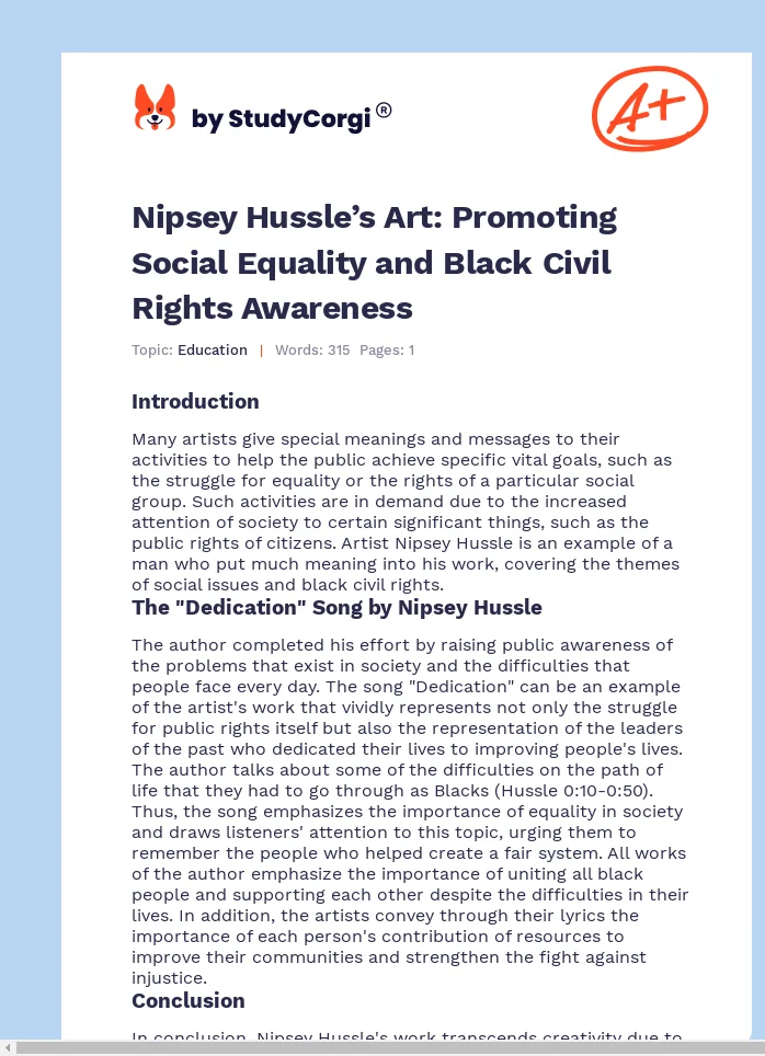 Nipsey Hussle’s Art: Promoting Social Equality and Black Civil Rights Awareness. Page 1