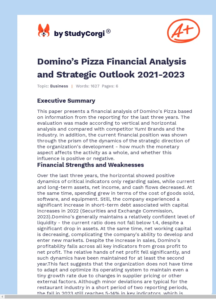 Domino’s Pizza Financial Analysis and Strategic Outlook 2021-2023. Page 1