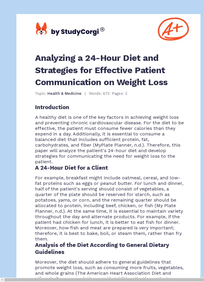 Analyzing a 24-Hour Diet and Strategies for Effective Patient Communication on Weight Loss. Page 1