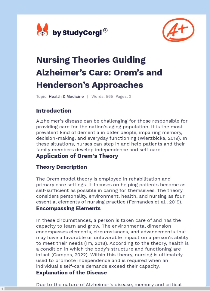 Nursing Theories Guiding Alzheimer’s Care: Orem’s and Henderson’s Approaches. Page 1