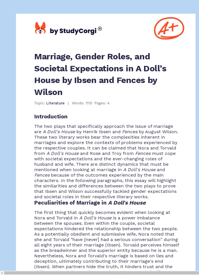 Marriage, Gender Roles, and Societal Expectations in A Doll’s House by Ibsen and Fences by Wilson. Page 1