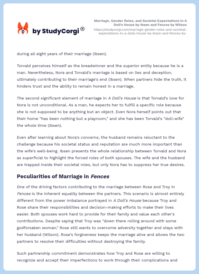 Marriage, Gender Roles, and Societal Expectations in A Doll’s House by Ibsen and Fences by Wilson. Page 2