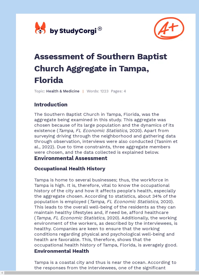 Assessment of Southern Baptist Church Aggregate in Tampa, Florida. Page 1