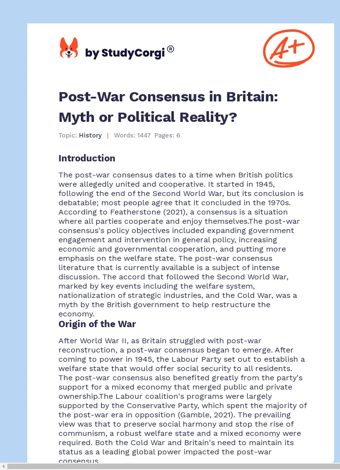 Post-War Consensus in Britain: Myth or Political Reality?. Page 1