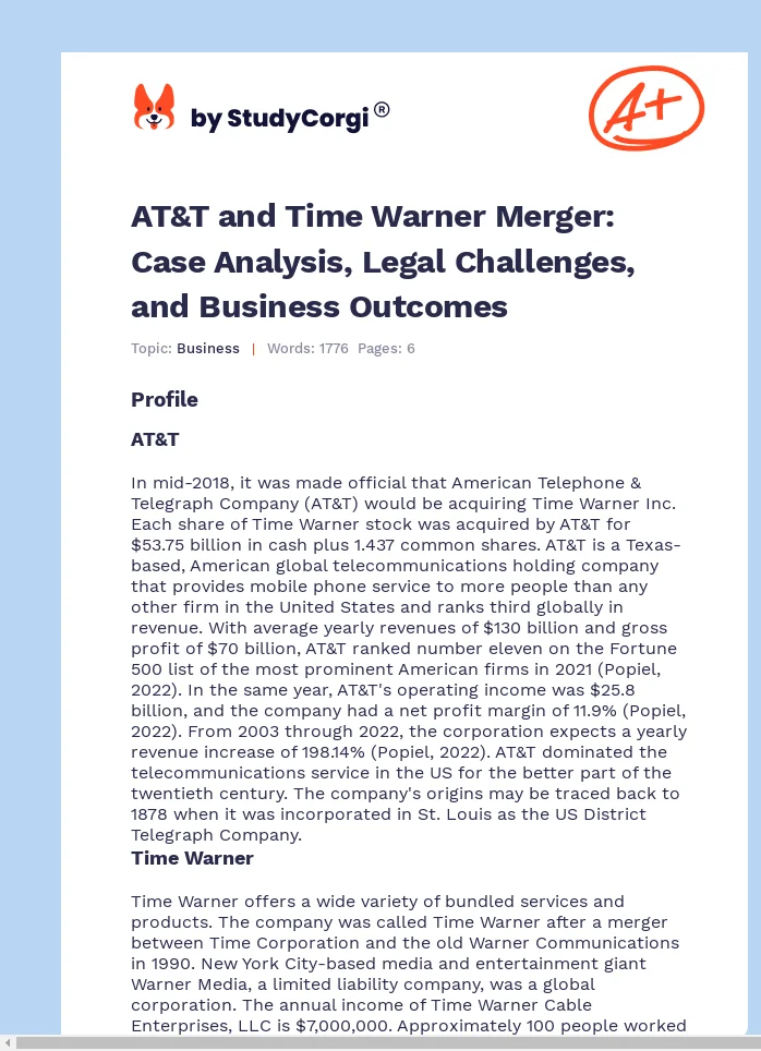AT&T and Time Warner Merger: Case Analysis, Legal Challenges, and Business Outcomes. Page 1