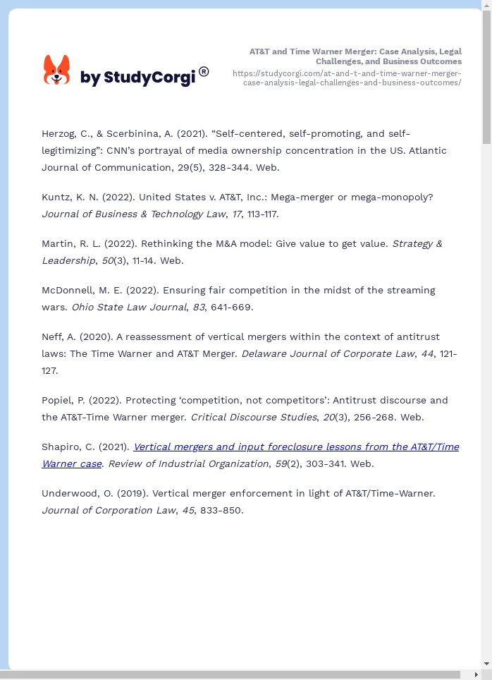 AT&T and Time Warner Merger: Case Analysis, Legal Challenges, and Business Outcomes. Page 2
